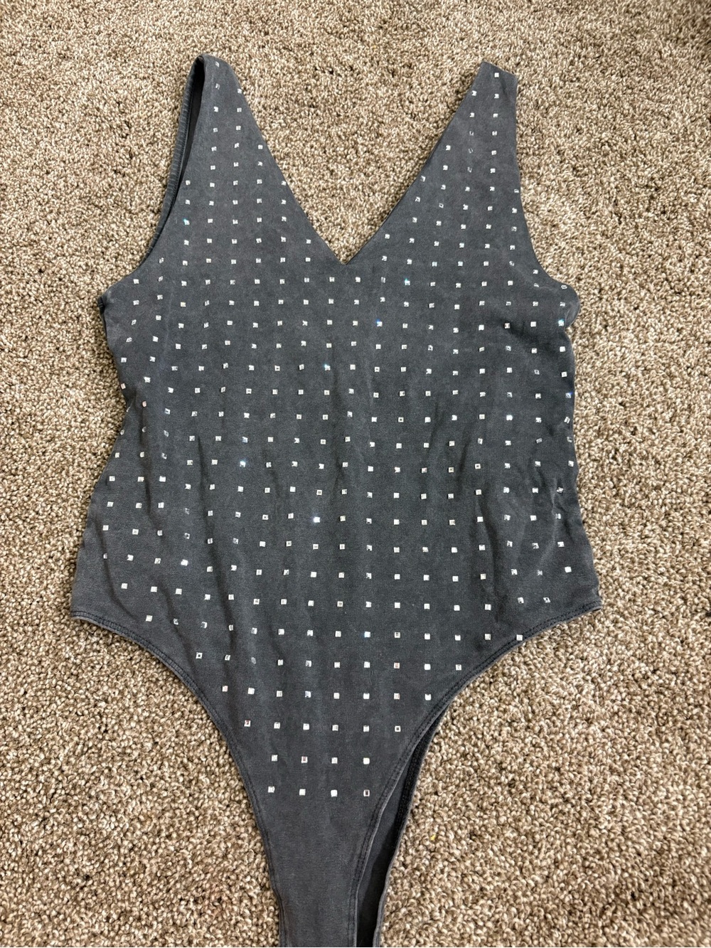 Zara Charcoal Gray Studded V-Neck Bodysuit